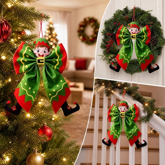 Elf Christmas Character Bow Ornament, Fabric Hanging Decoration with Cartoon Face and Festive Bow Tails for Christmas Tree Door Wall Wreath Holiday Party Decor, 9.06 Inch