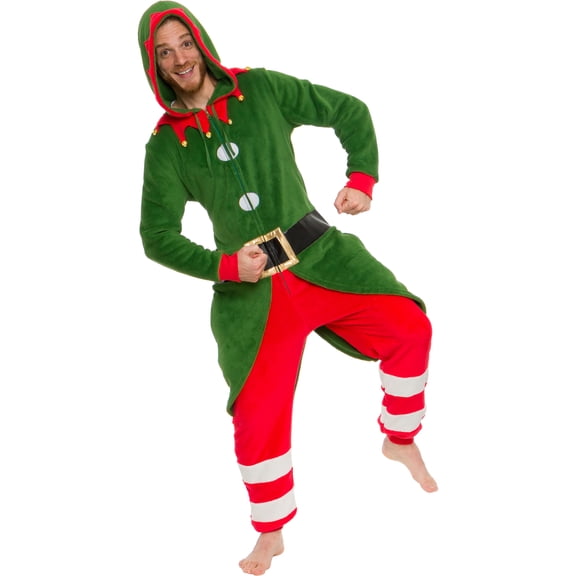 Elf Christmas Costume Slim One Piece - Plush Novelty Holiday Jumpsuit by Silver Lilly (Green, X-Large)