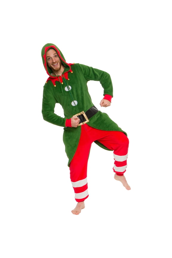 Elf Christmas Costume Slim One Piece - Plush Novelty Holiday Jumpsuit by Silver Lilly (Green, X-Large)