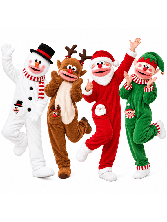 Elf Christmas Family Matching Pajamas, Funny Big Mouth Holiday Cosplay Costumes for Kids Women Men, Plush Hooded Onesie Jumpsuits for Xmas Party, Family Photos & Sleepwear