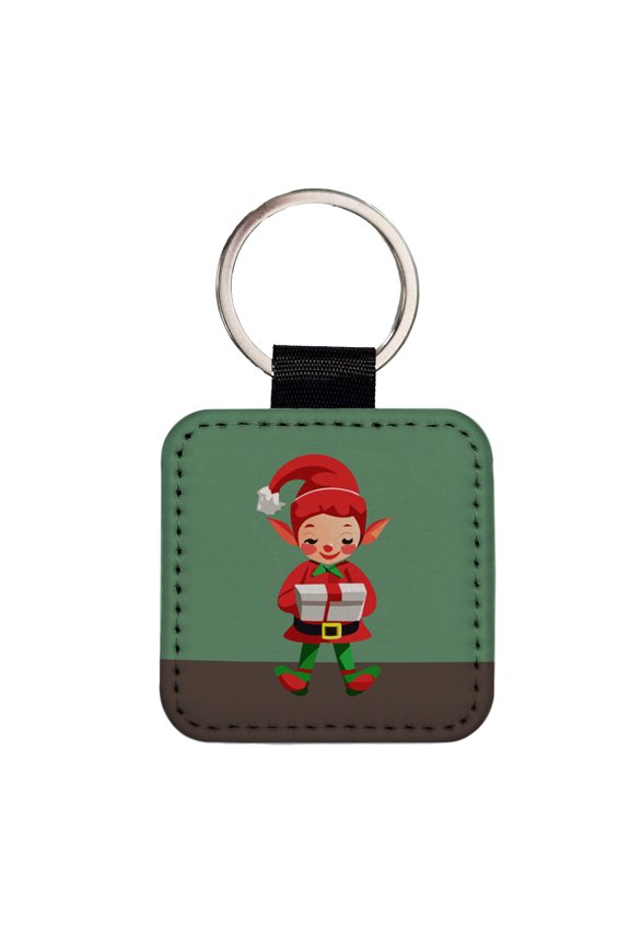 Elf Christmas Opening Present Faux Leather Square Keychain