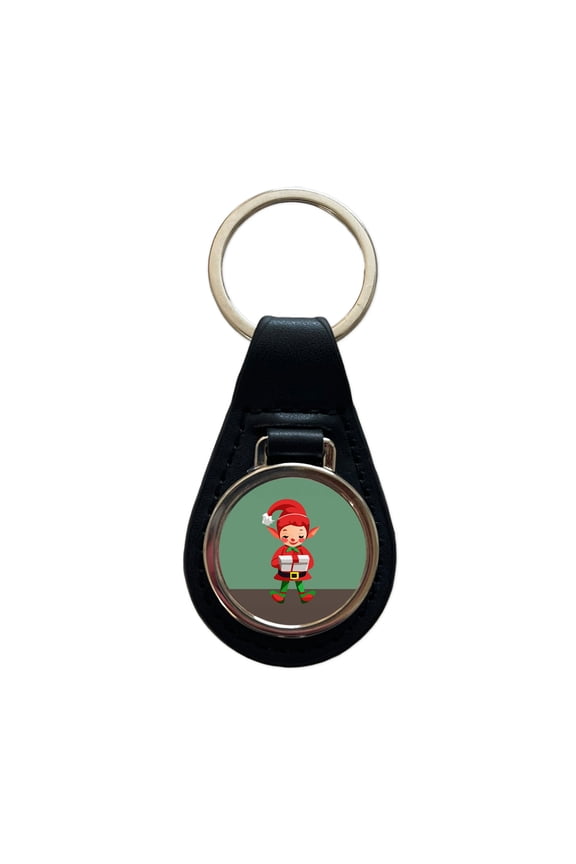 Elf Christmas Opening Present Metal Black Leather Keychain