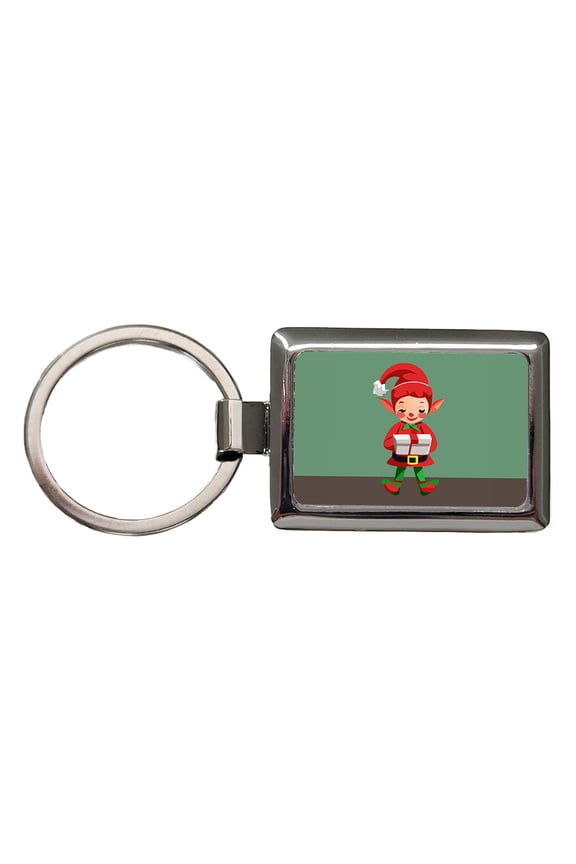 Elf Christmas Opening Present Metal Rectangle Keychain