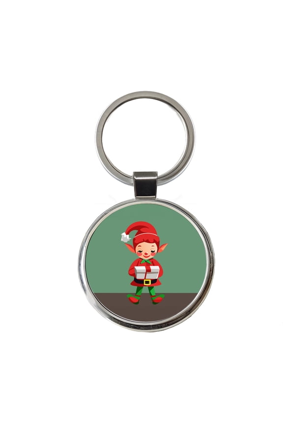 Elf Christmas Opening Present Metal Round Keychain