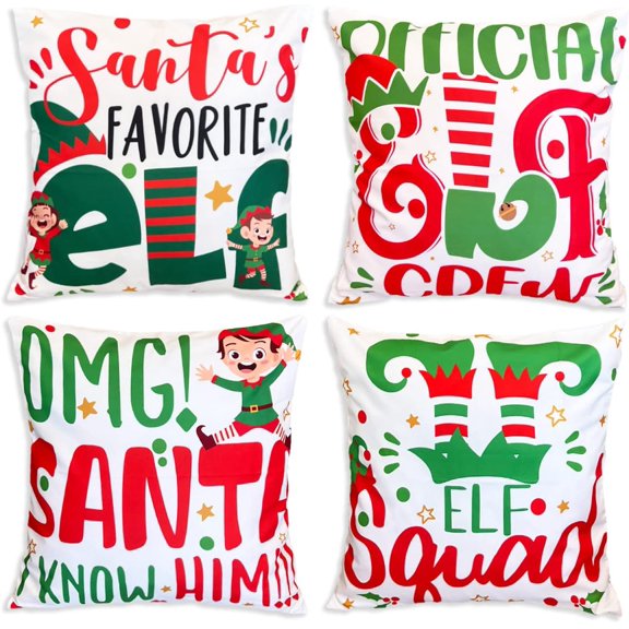 Elf Christmas Pillow Covers 18x18, Christmas Throw Pillow Case Cute Buddy Elf Squad I Know Him Home Decor Winter Xmas Holiday Party Supplies Cushion Case for Sofa Couch Set of 4