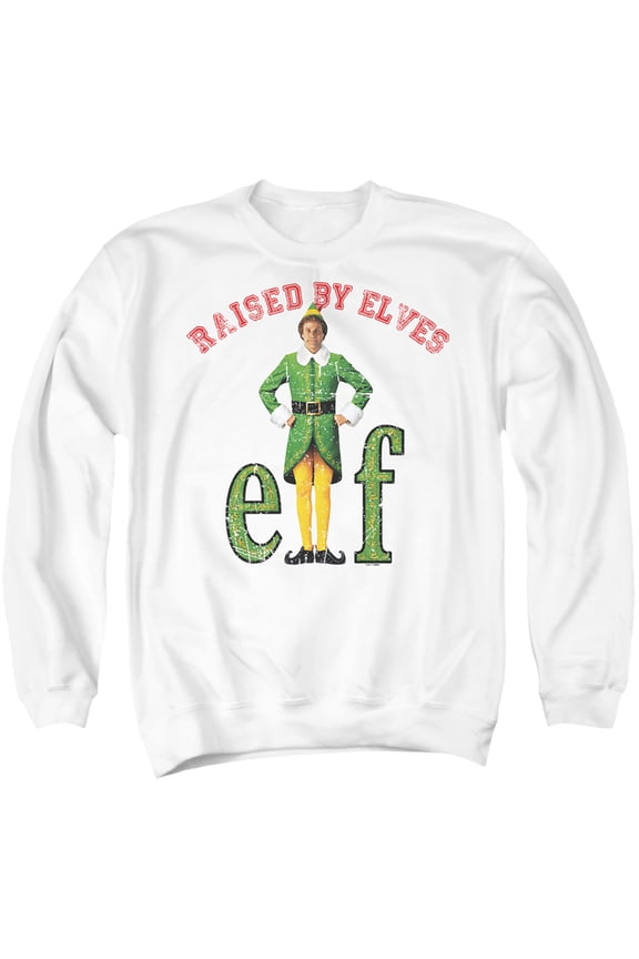 Elf Christmas Raised By Elves Unisex Adult Crewneck Sweatshirt (Large) White