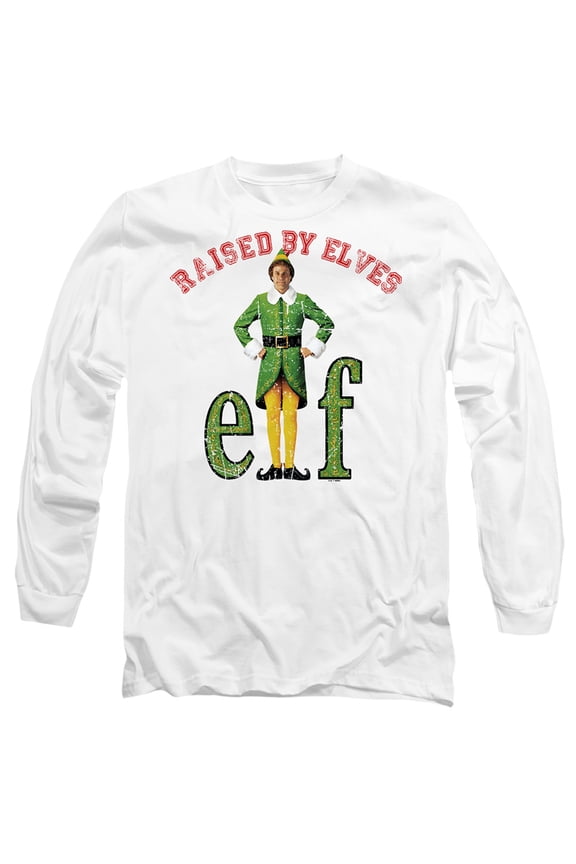 Elf Christmas Raised by Elves Unisex Adult Long-Sleeve T Shirt (2X-Large) White