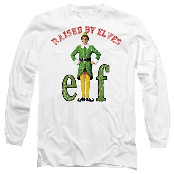 Elf Christmas Raised by Elves Unisex Adult Long-Sleeve T Shirt (2X-Large) White
