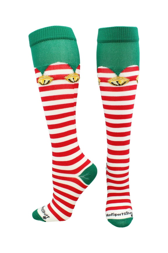 Elf Christmas Socks Over the Calf (White/Red/Green, Large)