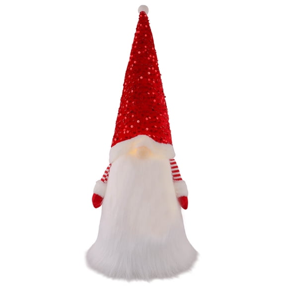 Elf Christmas Tree Topper - Lighted Gnome with Red Sequin Hat, Sitting on Tree Topper for Christmas Decorations, Home Office, Party, Table, Shelf