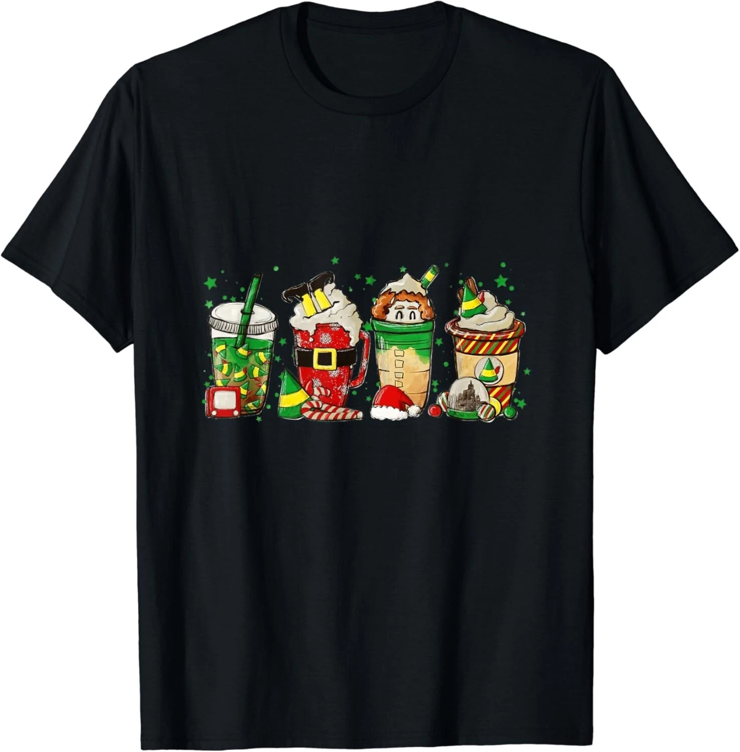Elf Coffee Christmas T-Shirt – Holiday Drink Cup Graphic Tee, Cute Retro Elf Coffee Lover Shirt, Cozy Festive Xmas Gift