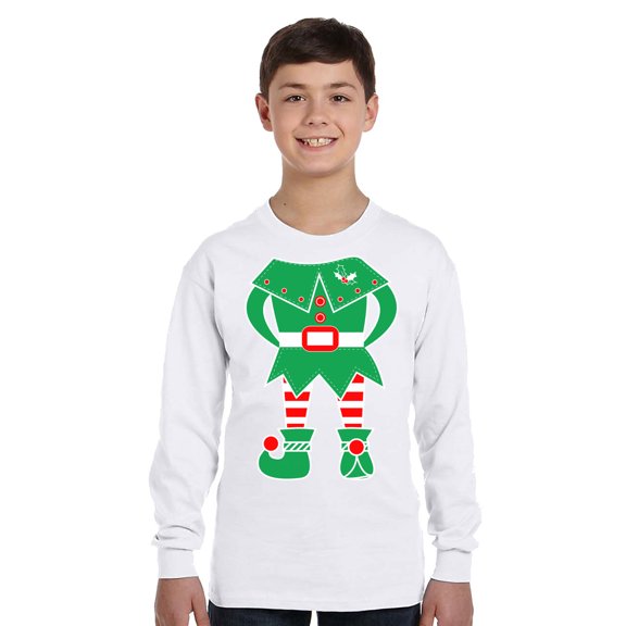 Elf Costume Xmas Long Sleeve Shirts for Kids - Youth XS S M L XL - Merry Christmas Holiday Funny Xmas Tee for Boys for Girls