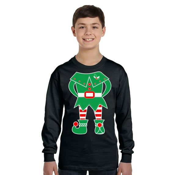 Elf Costume Xmas Long Sleeve Shirts for Kids - Youth XS S M L XL - Merry Christmas Holiday Funny Xmas Tee for Boys for Girls