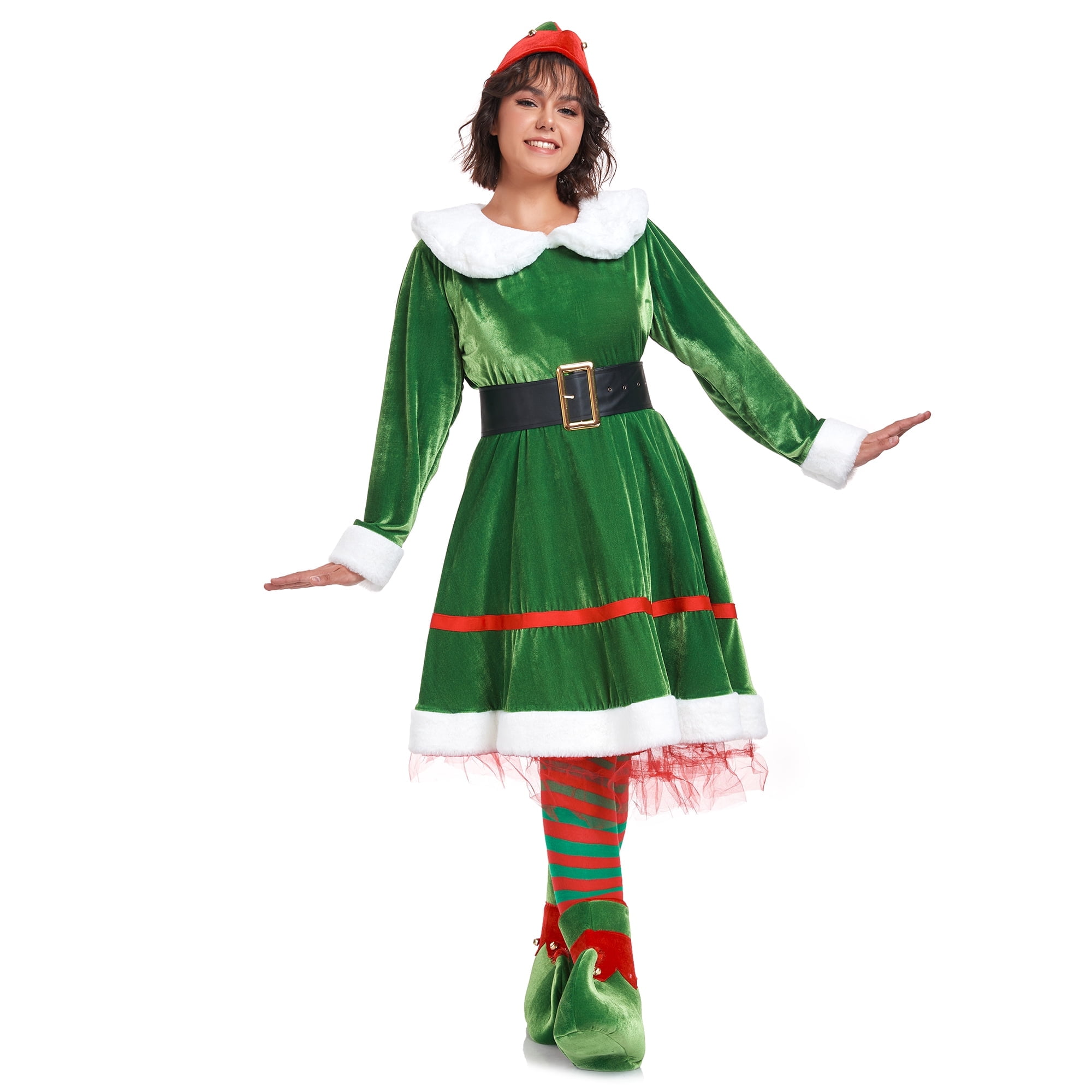 Elf Costume for Women 5pcs Christmas Outfit Adult Santa Dress Plus Size with Hat Belt Shoes
