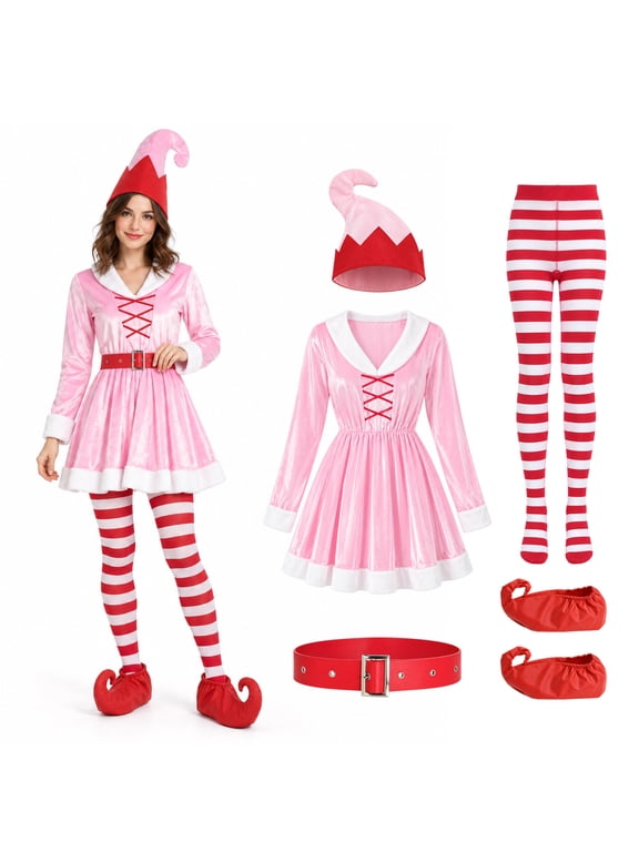 Elf Costume for Women Pink Christmas Dress Set with Hat Belt Striped Stockings and Shoe Covers for Holiday Parties