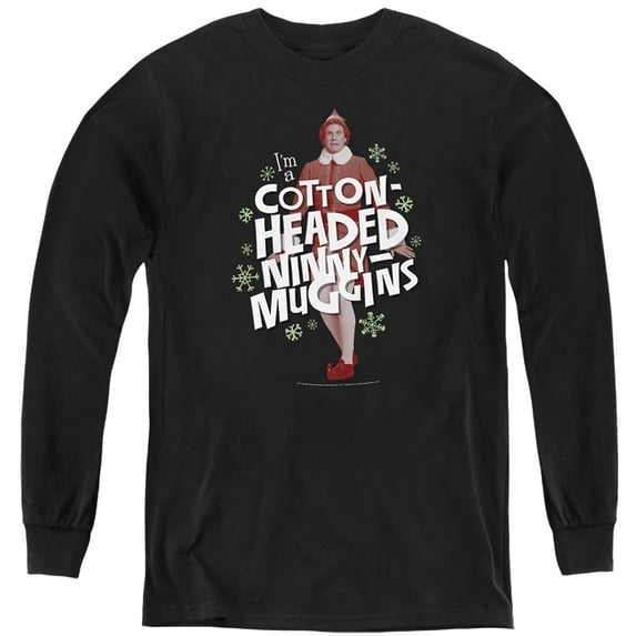 Elf Cotton-Headed Ninny Muggins Kids Long Sleeve T Shirt (Medium) for Youth Boys and Girls, Black