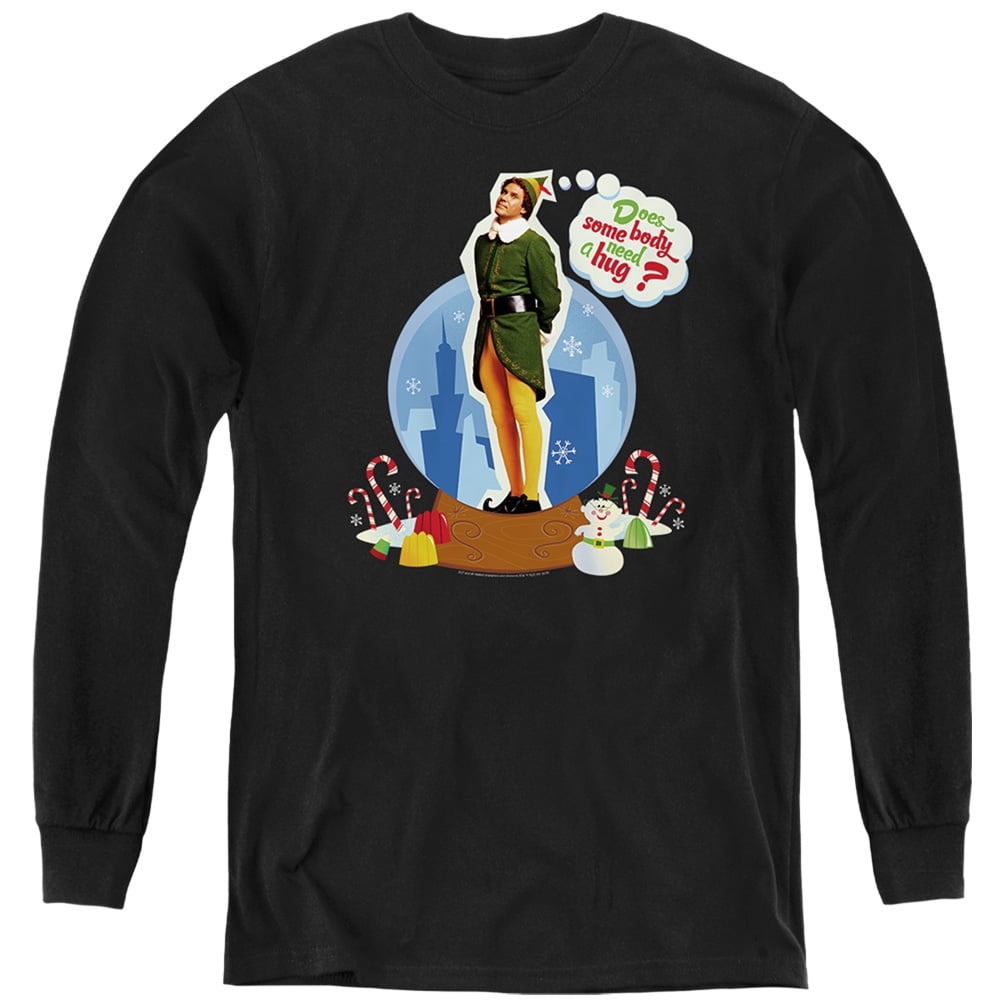 Elf Does Somebody Need A Hug? Kids Long Sleeve T Shirt (X-Large) for Youth Boys and Girls, Black