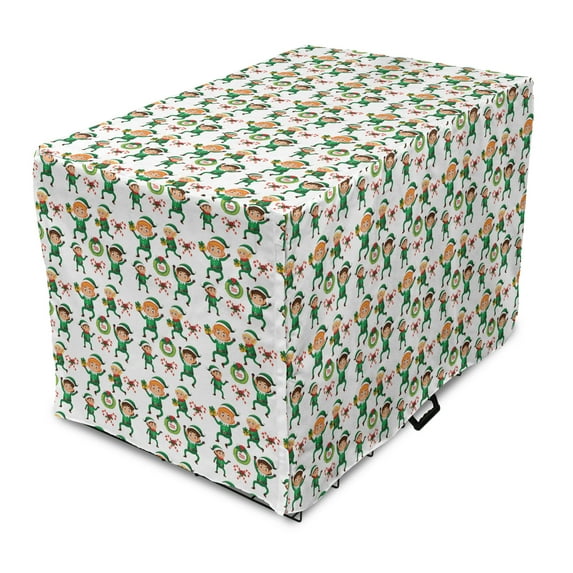 Elf Dog Crate Cover, Repetitive Happy Dwarf with Presents and Candy Canes Holiday, Easy to Use Pet Kennel Cover Small Dogs Puppies Kittens, 7 Sizes, Green and Multicolor, by Ambesonne