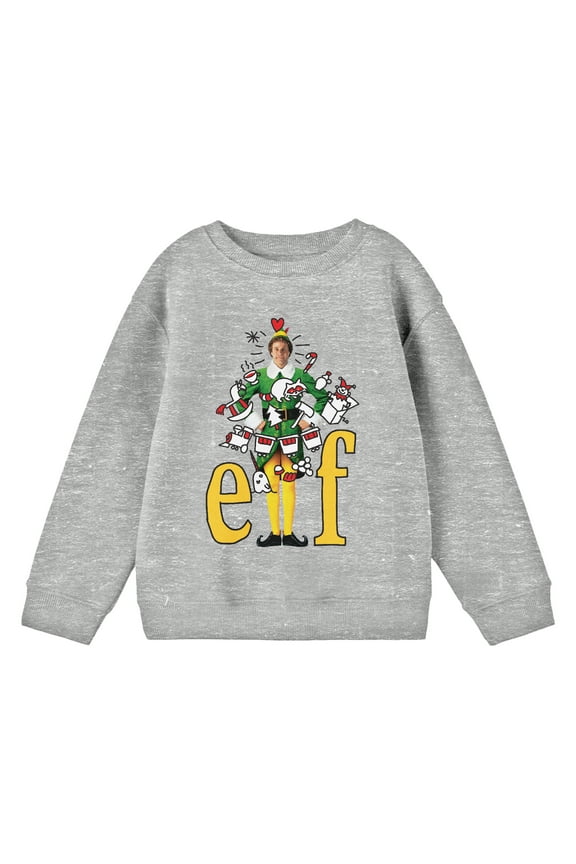 Elf Doodle on Buddy With Title Logo Youth Heather Gray Crew Neck Sweatshirt-Medium