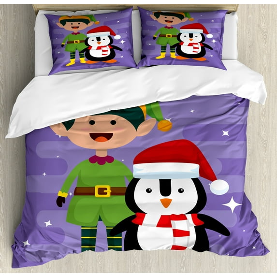 Elf Duvet Cover Set, Cheerful Elf and Penguin Celebrating Merry Christmas Holiday Theme, Decorative 3 Piece Bedding Set with 2 Pillow Shams, Queen Size, Blue Violet Multicolor, by Ambesonne