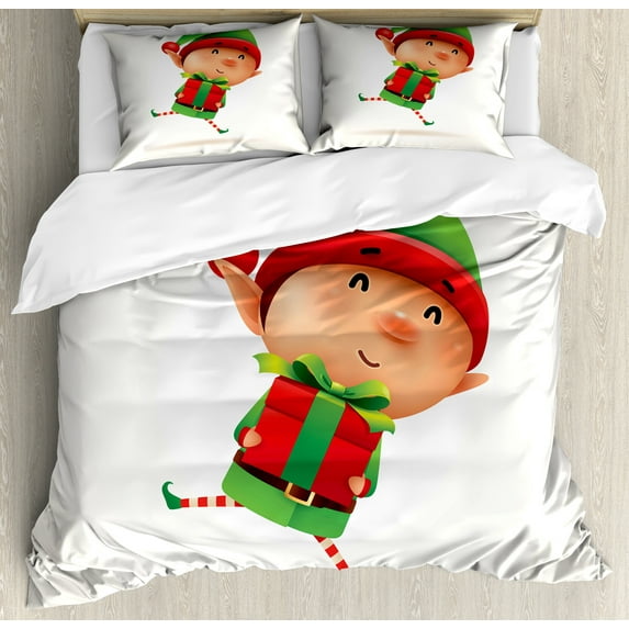 Elf Duvet Cover Set, Little Boy Holding a Present Jumping up Holiday, Decorative 3 Piece Bedding Set with 2 Pillow Shams, King Size, Fern Green Vermilion, by Ambesonne