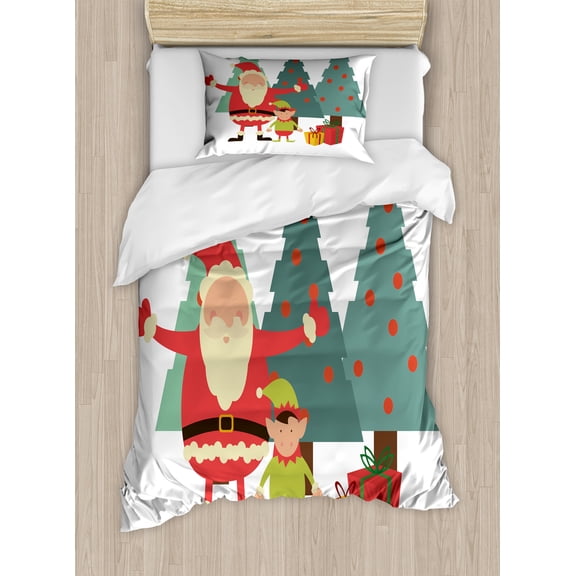 Elf Duvet Cover Set, Santa Claus Little Dwarf and Presents with Christmas Trees on the Background, Decorative 2 Piece Bedding Set with 1 Pillow Shams, Twin Size, Grey Teal Multicolor, by Ambesonne