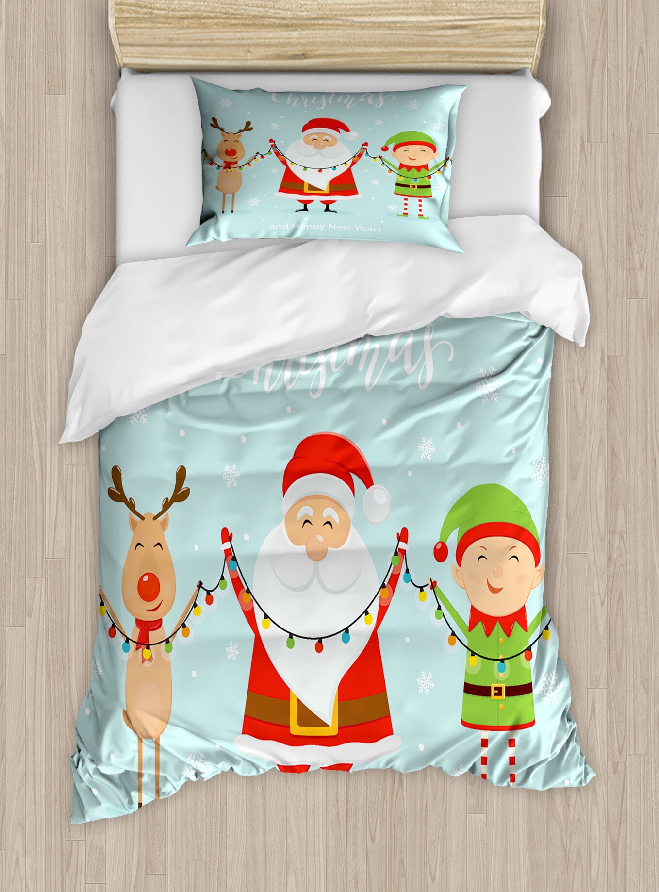 Elf Duvet Cover Set, Santa with Little Reindeer and a Boy Holding