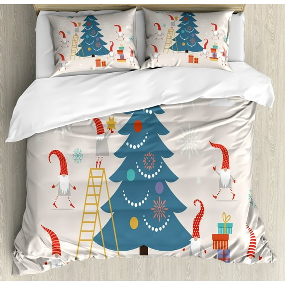 Elf Duvet Cover Set, Small Forms of Bearded Men in Hats Ornamenting a Christmas Tree, Decorative 3 Piece Bedding Set with 2 Pillow Shams, Calking Size, Champagne and Multicolor, by Ambesonne