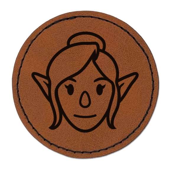 Elf Female Character Face 2.5" Faux Leather Round Engraved Iron-On Patch - Brown