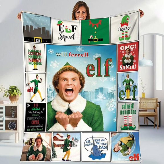 Elf Flannel Blanket, Christmas Movie Character Collage Throw Blanket, Holiday Fan Room Decor