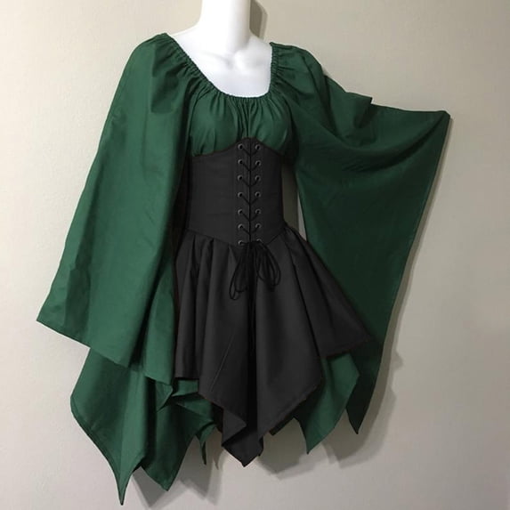 Elf Forest Costume, Medieval Fairy Dress, Renaissance Corset Set, Womens Traditional Irish Dress Renaissance Medieval Costume Flare Sleeve Corset Halloween Victorian Short Dress , Black M