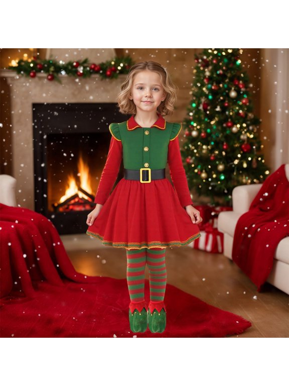 Elf Girl Outfit Short Sleeve Christmas Elf Dress Girls Hat Set Festive Dress Outfit Christmas Outfits for Kids 6-7 years