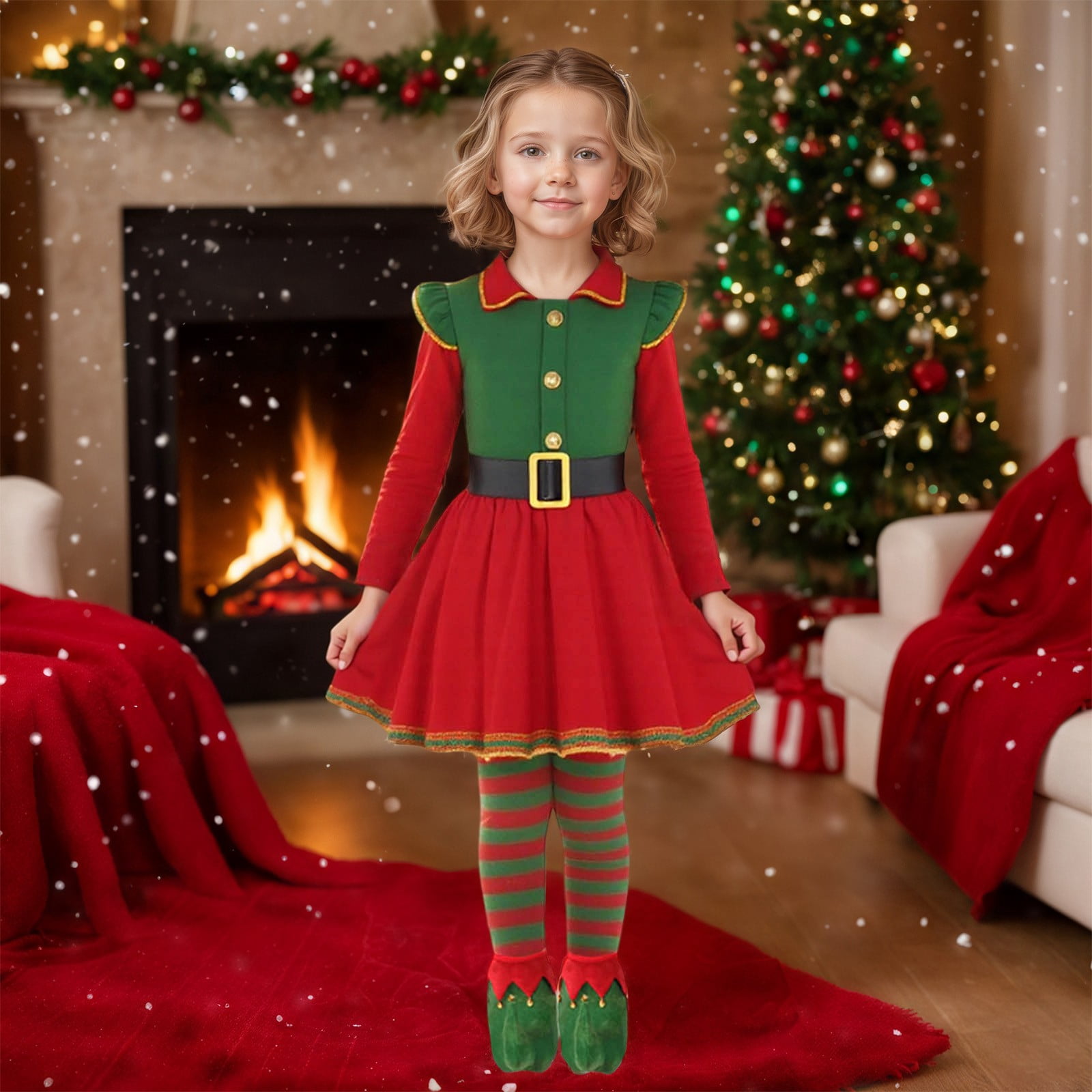 Elf Girls Outfit Short Sleeve Christmas Elf Dress Girls Hat Set Party — free download