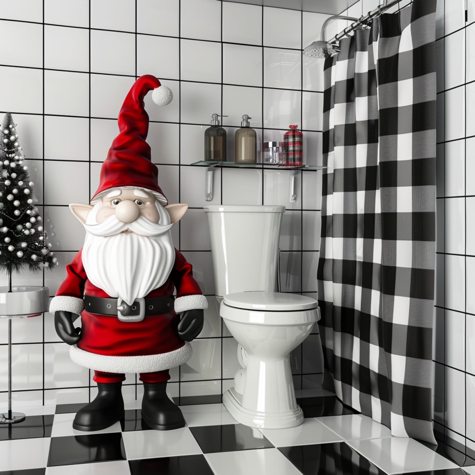 Elf Gnome Christmas Bathroom Decor Illustration Black White Checkered