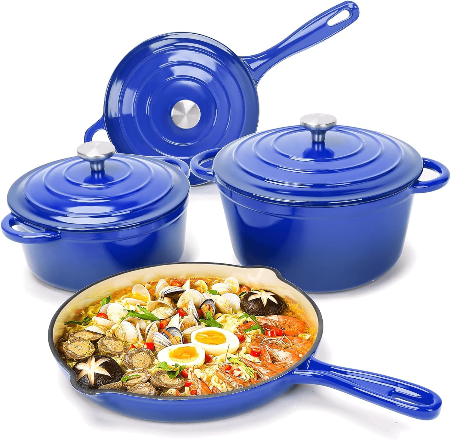 Elf Grill Enameled Cast Iron Cookware Set 7 Piece Set of Dutch Ovens, Sauce Pan, Skillet, 3 Lids, Dutch Oven Set, Ceramic Nonstick Coated, Heavy Duty, Gas/Induction Compatible, Biscay Blue