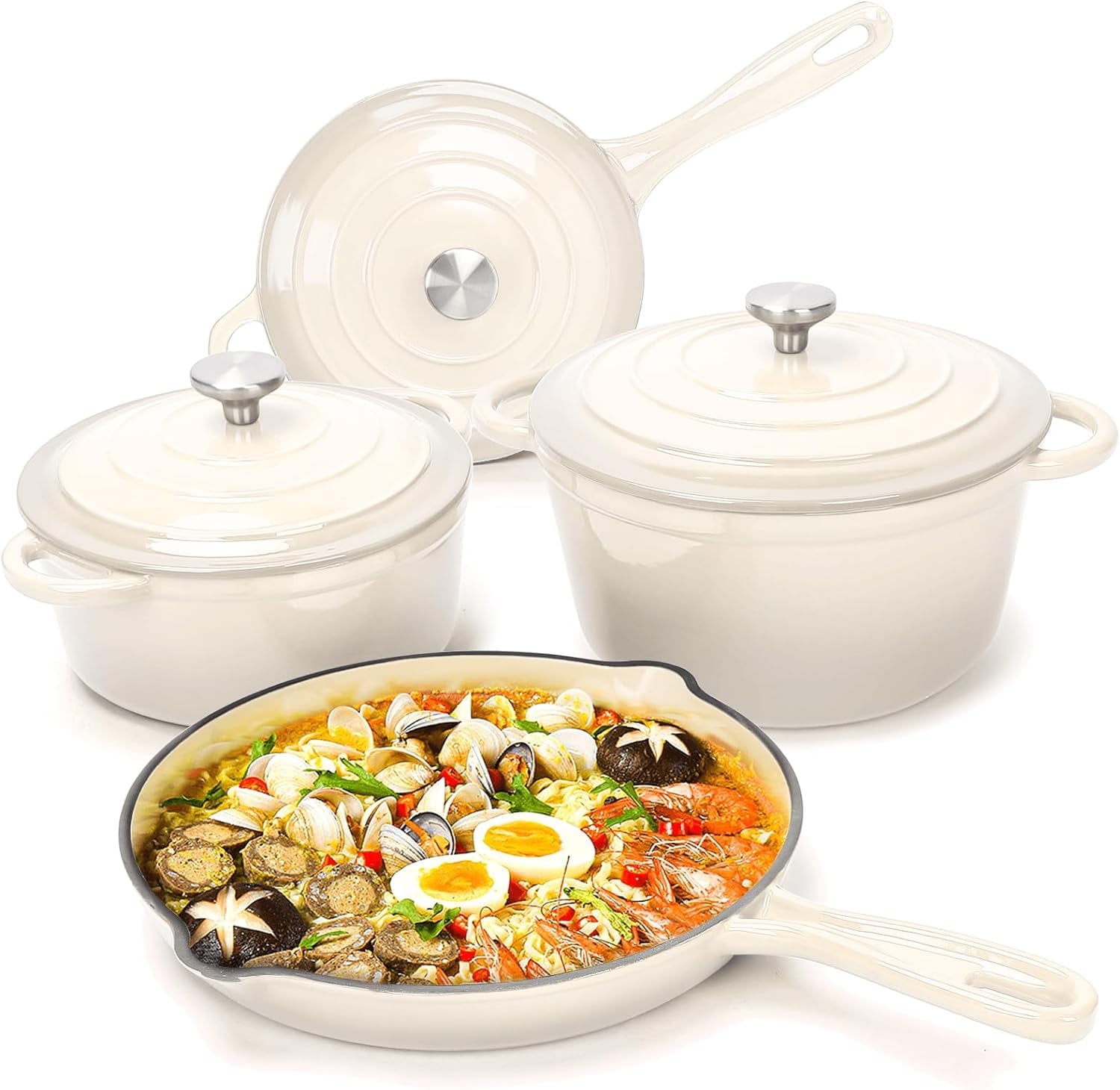 Cream White Enameled Cast Iron 7-Piece Cookware Set