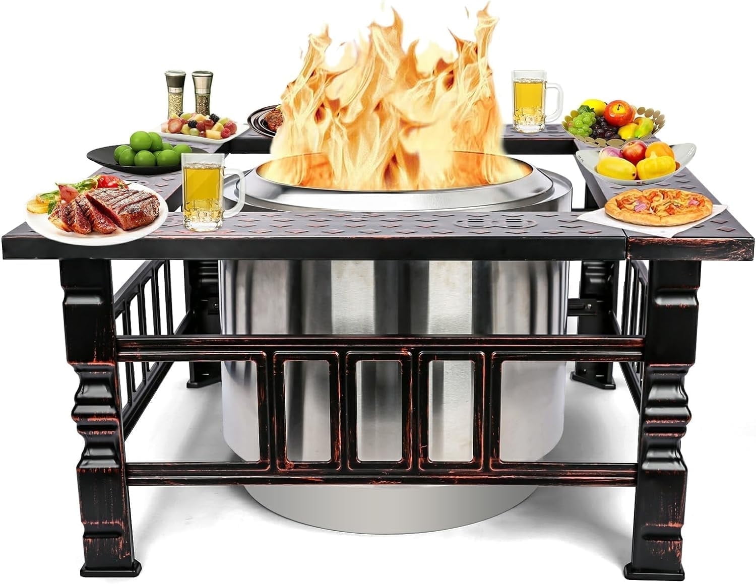 Elf Grill Fire Pit Surround Tabletop for Bonfire and Ranger Wood Burning, Powder-Coated Steel Surround Tabletop, Large Space Fire Pit Stand, Outdoor Wood Burning