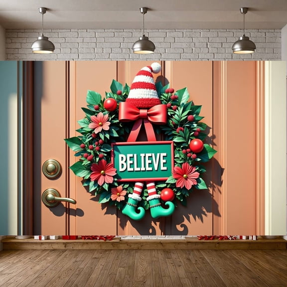 Elf Hat Christmas Wreath Banner Red Bow Holiday Banner Green Leaves Red Berries Festive Banner for Christmas Party Home Decor Indoor Decor