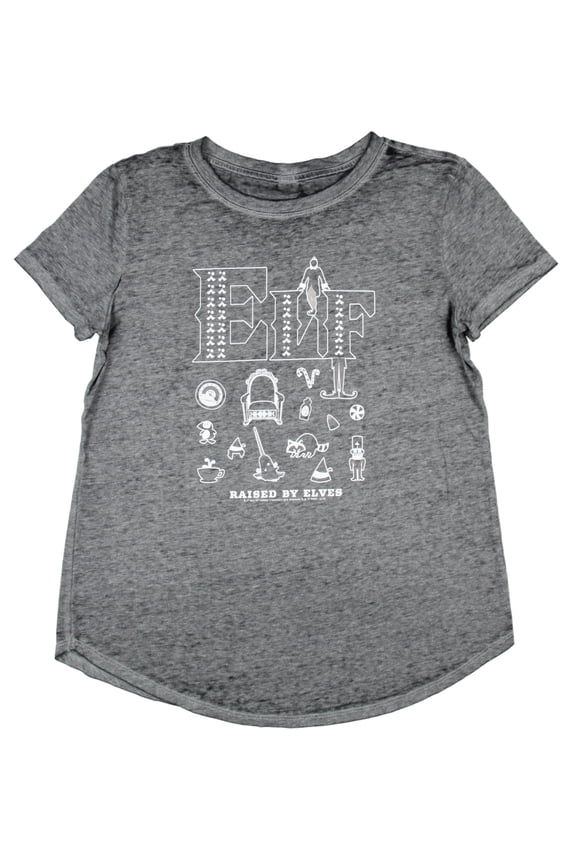 Elf Holiday Favorite Womens' Raised By Elves Rounded Hem Burnout T-Shirt