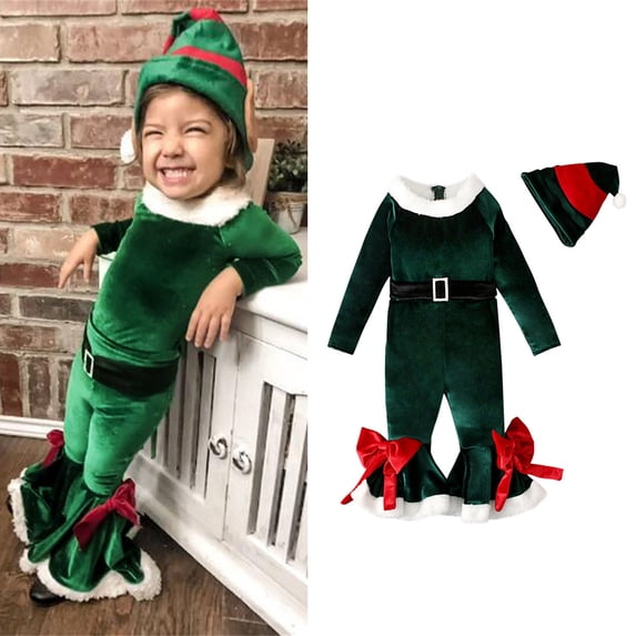 Elf Kids Outfit Long Sleeve Fleece Romper Flare Jumpsuit Hat Set Christmas Baby Boy Outfit Party Dress Up 3-4 Years