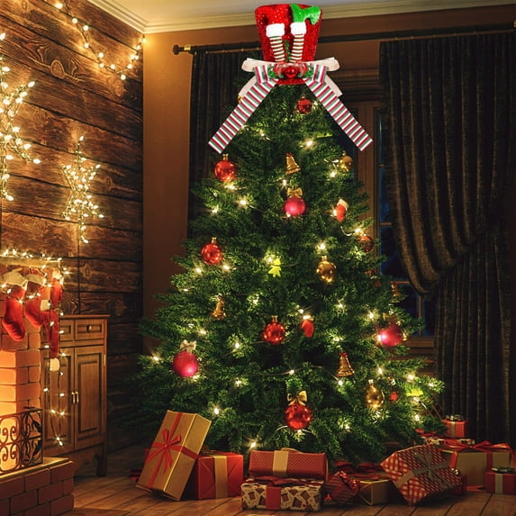 Elf Leg Christmas Tree Topper,Red Tree Topper with Elf Legs and Bow Ribbons,Red Sequins Xmas Tree Top Hat,Christmas Tree Decorations,Xmas Tabletop Ornaments,Red Velvet Top Hat 9.4inch