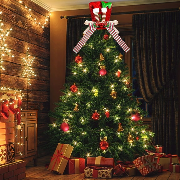 Elf Leg Christmas Tree Topper,Red Tree Topper with Elf Legs and Bow Ribbons,Red Sequins Xmas Tree Top Hat,Christmas Tree Decorations,Xmas Tabletop Ornaments,Red Velvet Top Hat 9.4inch