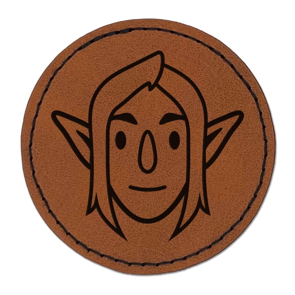 Elf Male Character Face 2.5" Faux Leather Round Engraved Iron-On Patch - Brown