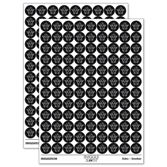 Elf Male Character Face 200+ Round Stickers - Black - Gloss Finish - 0.50" Size