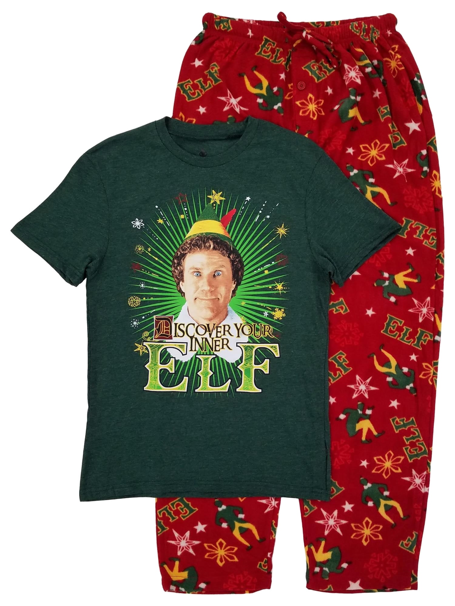 Elf Mens 2-Piece Dark Green & Red Christmas Holiday Sleepwear Pajama Set Medium