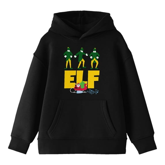 Elf Movie Big Title Logo and Characters Youth Black Graphic Hoodie-Large