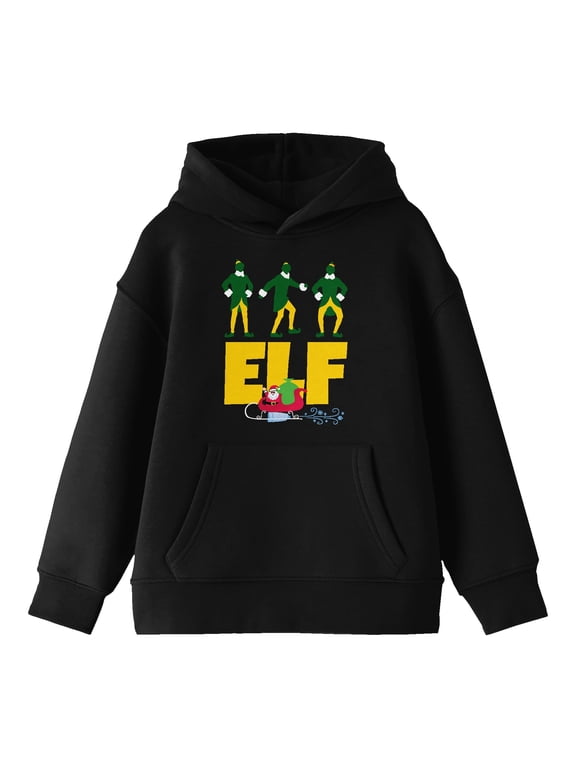 Elf Movie Big Title Logo and Characters Youth Black Graphic Hoodie-Medium