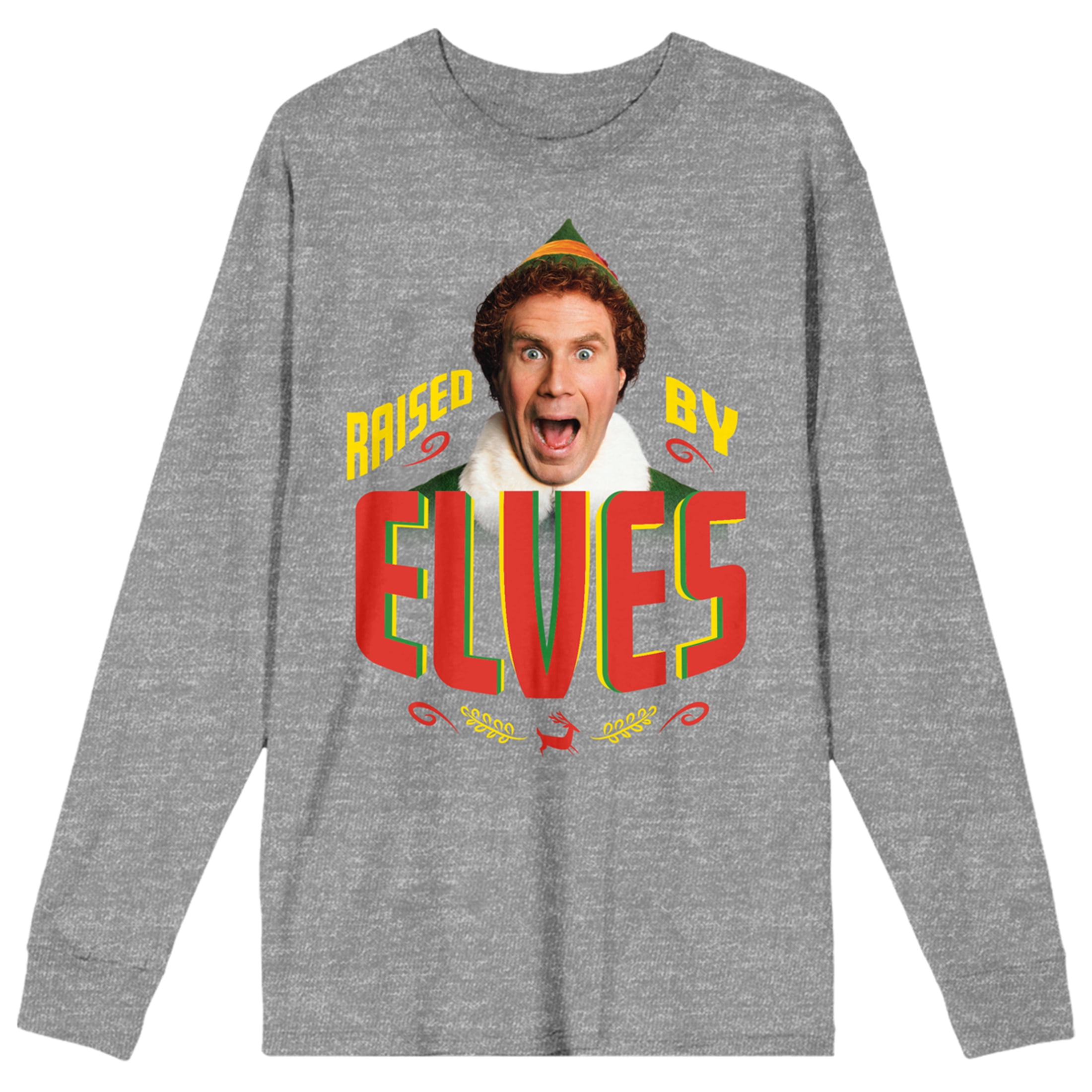 Elf Movie Buddy Raised By Elves Women's Heather Gray Long Sleeve Crew Neck Tee-Medium