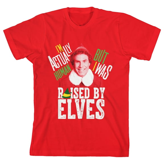 Elf Movie I'm Actually Human But I Was Raised By Elves Youth Red Graphic Tee-Medium