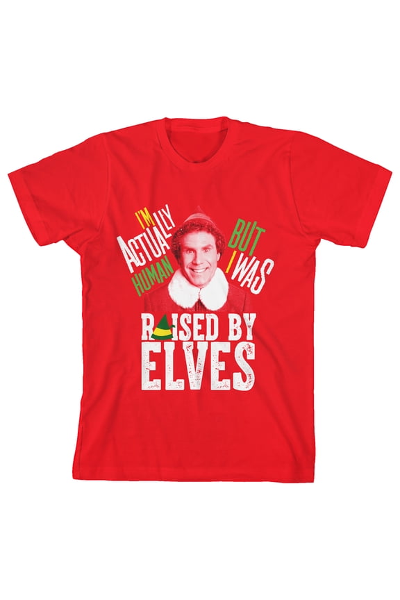 Elf Movie I'm Actually Human But I Was Raised By Elves Youth Red Graphic Tee-Medium